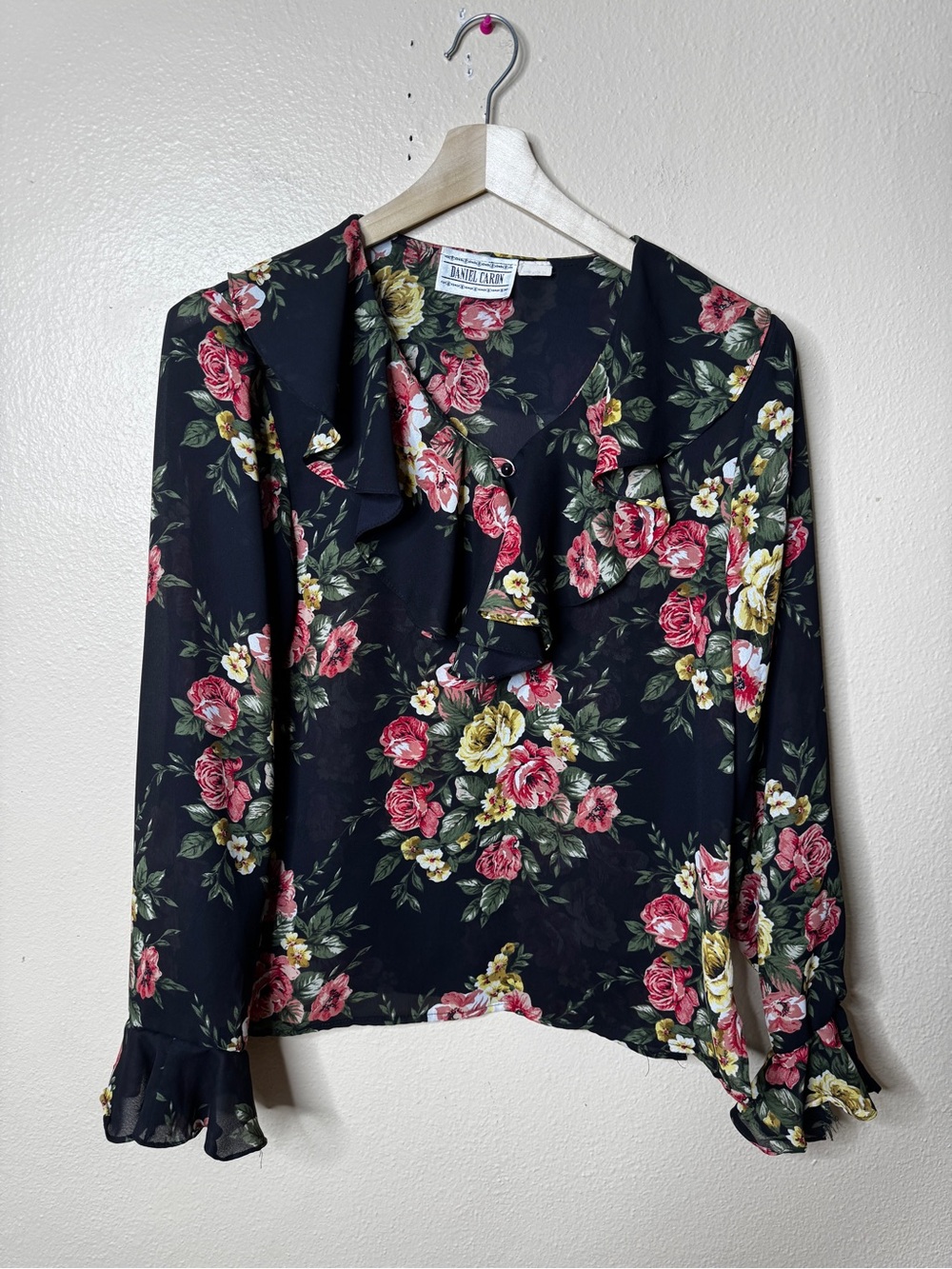 Daniel Caron Y2K Floral Sheer Blouse Women’s Small Black Pink Fairy Grunge Top
